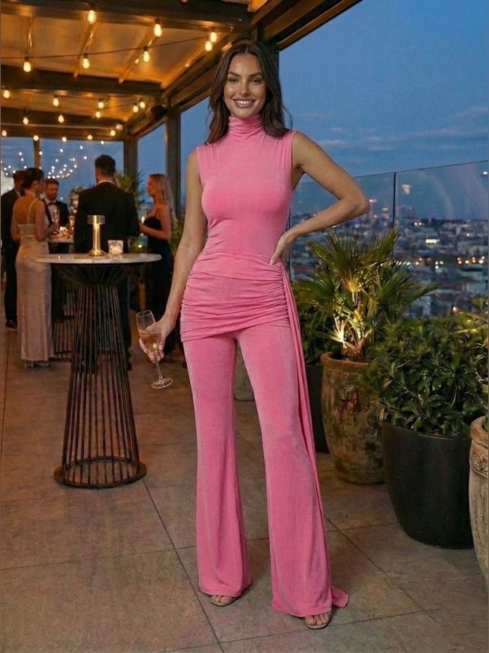 PINK High-Neck Jumpsuit with Side Drape